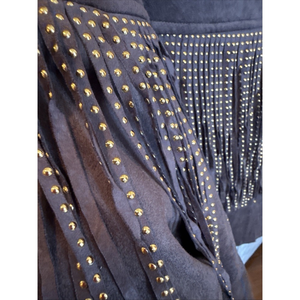 Melrose With Love Brown Faux Suede Gold Studded Fringe Jacket Western Festival S - Picture 4 of 7
